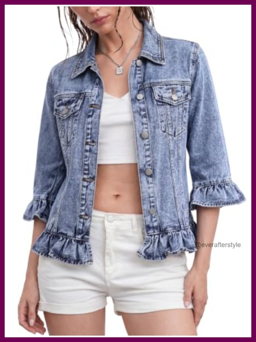 Kedera Women's 3/4 Ruffle Sleeve Denim Jacket Lightweight Cotton Jean Shacket
